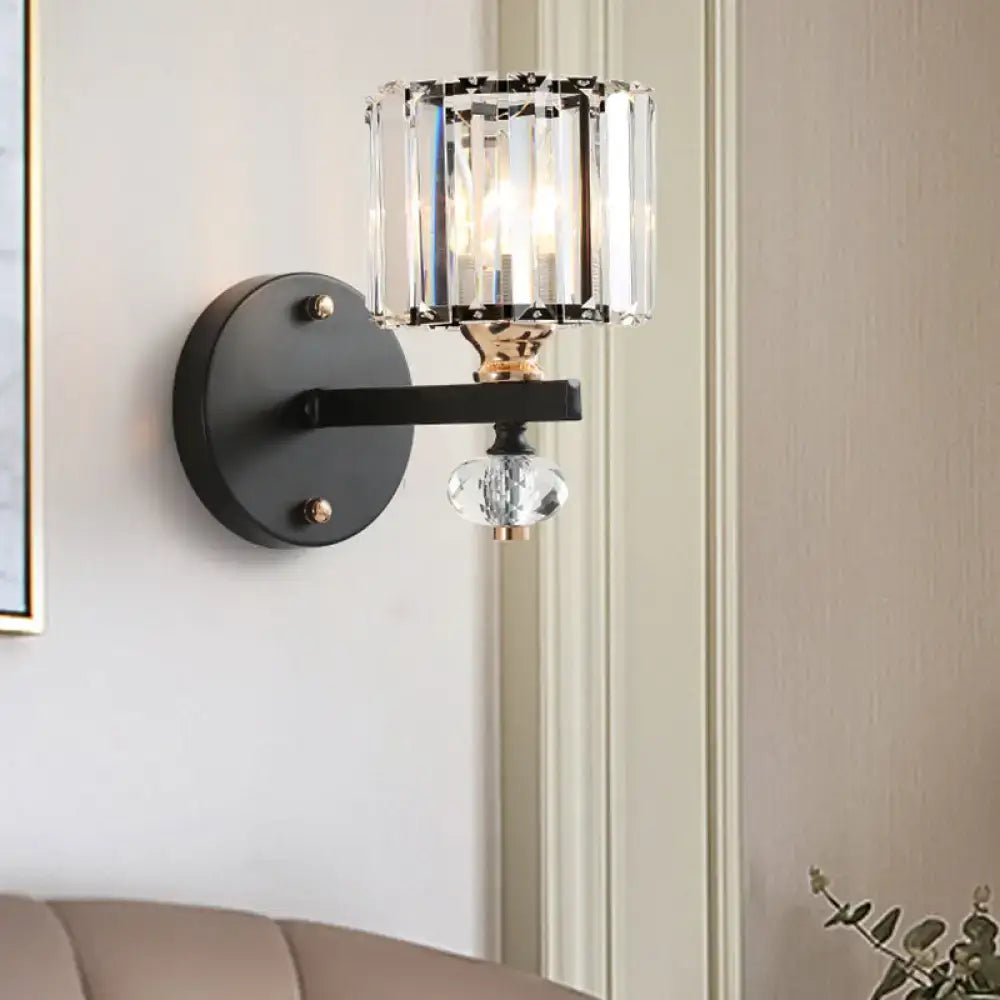 Contemporary clear ribbed glass drum sconce light bedroom black metal