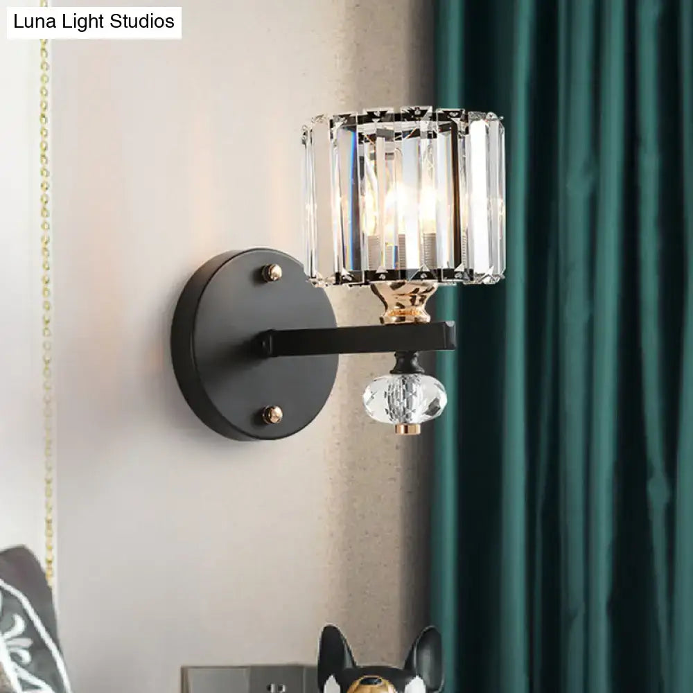 Contemporary clear ribbed glass drum sconce light bedroom black metal
