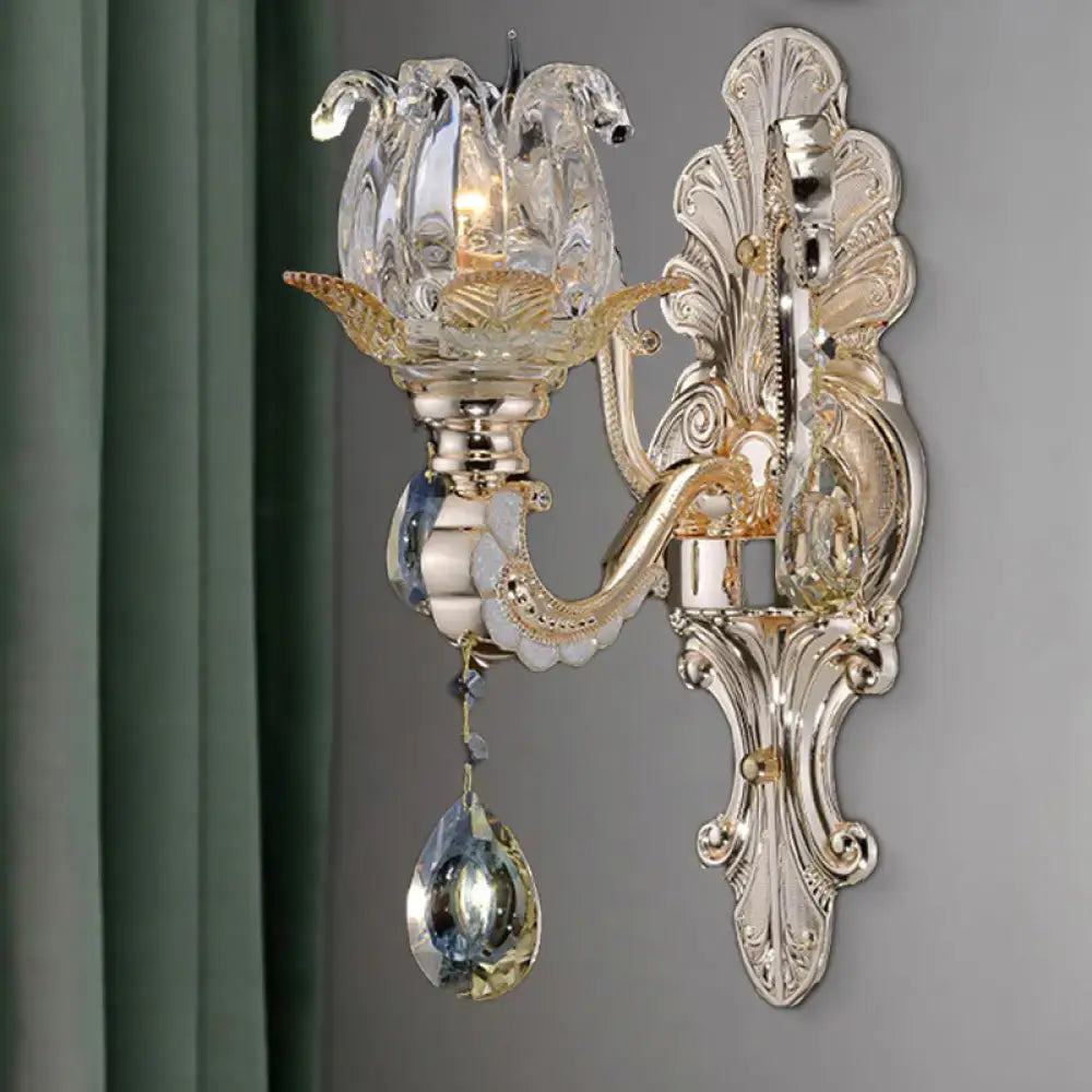 Contemporary gold crystal drop wall lamp – bedroom light fixture