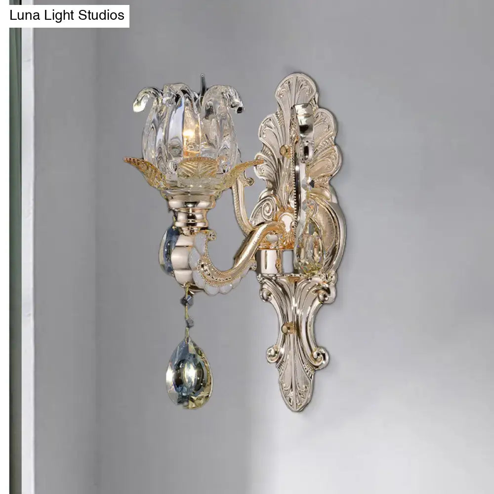 Contemporary gold crystal drop wall lamp – bedroom light fixture