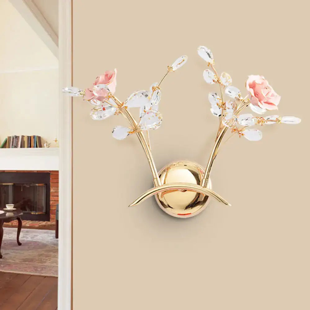 Contemporary gold & pink rose crystal wall lamp bedroom sconce