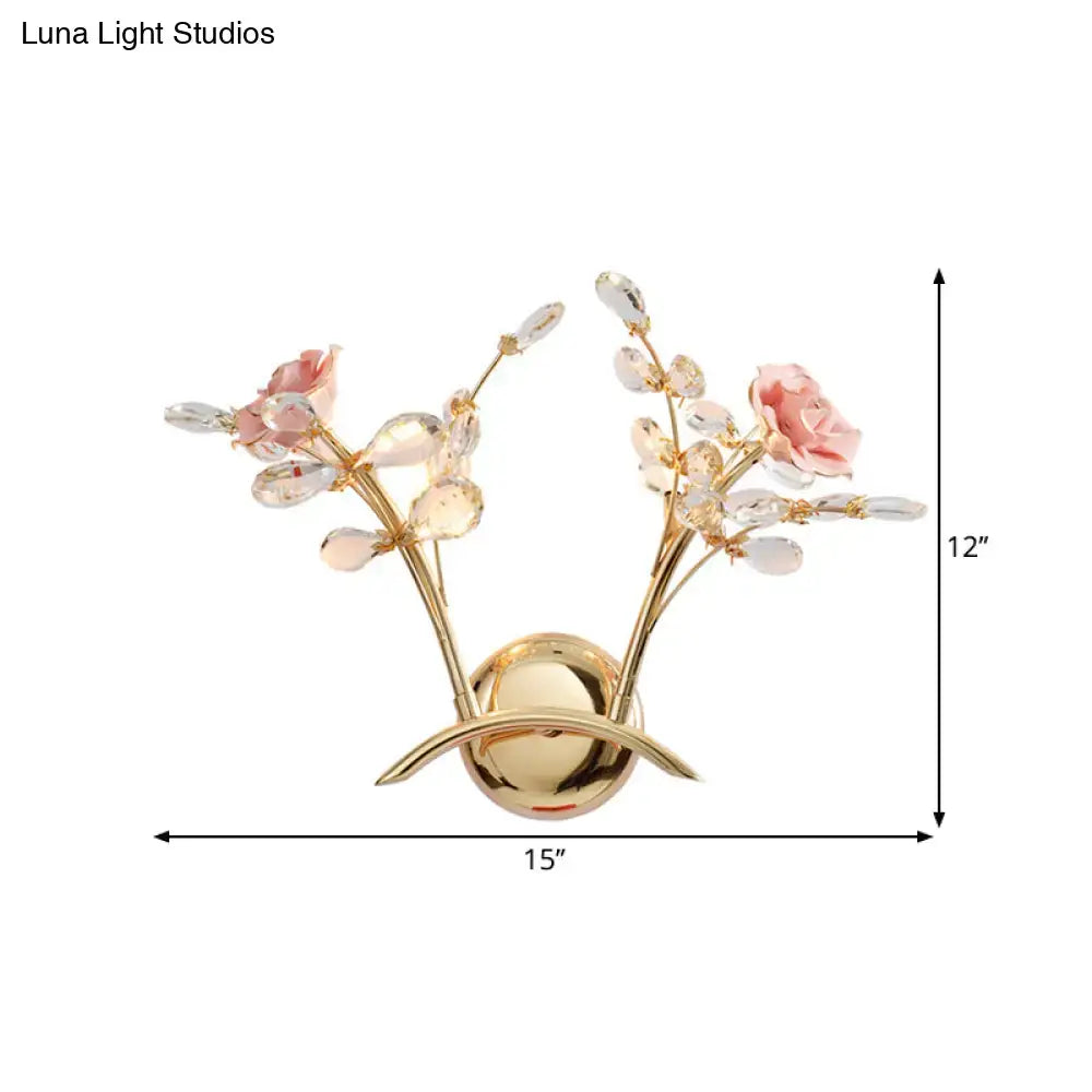 Contemporary gold & pink rose crystal wall lamp bedroom sconce