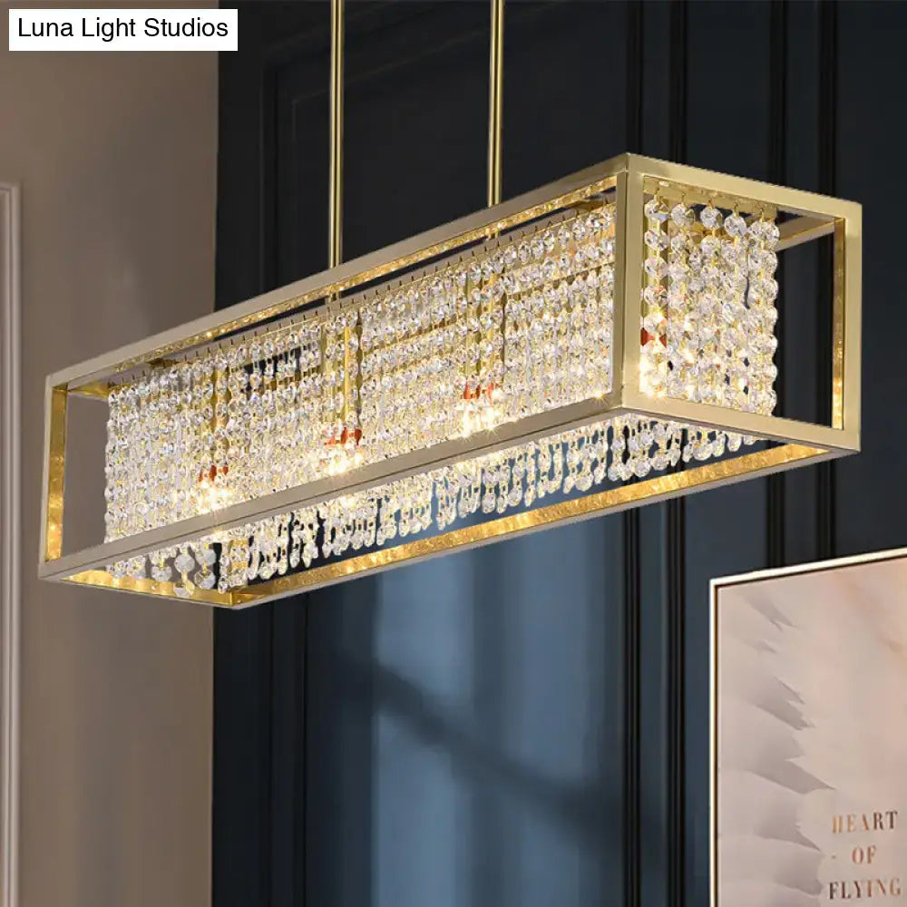 Contemporary silver rectangular chandelier with crystal drops dining room