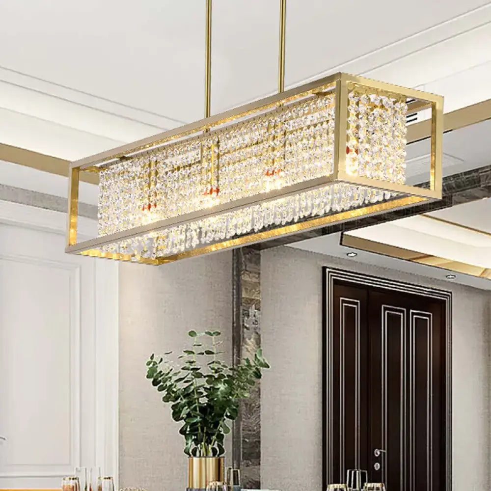 Contemporary silver rectangular chandelier with crystal drops dining room