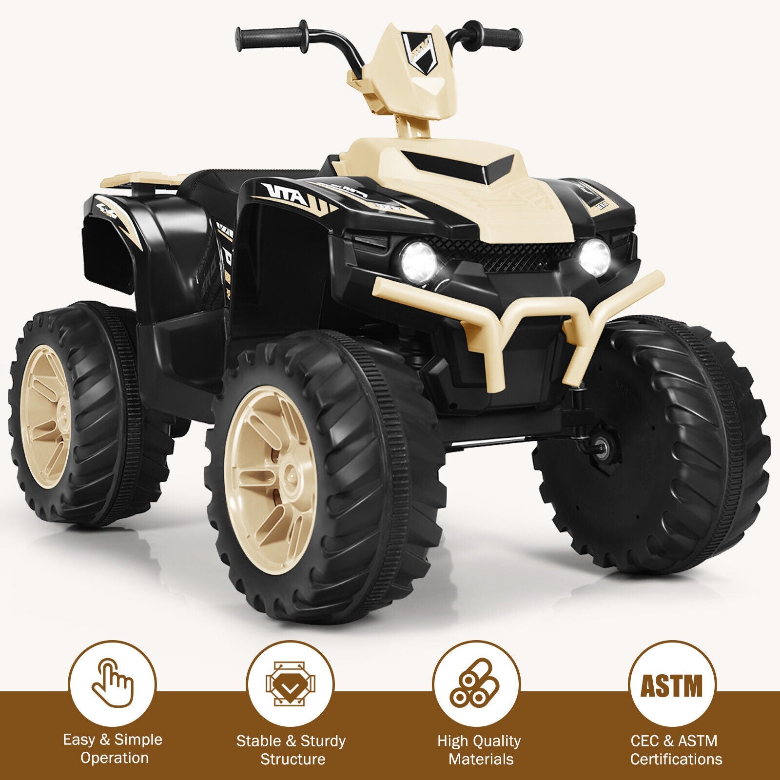 Costway 12V Kids ATV Quad Ride On Car with LED Light & Music - Yellow