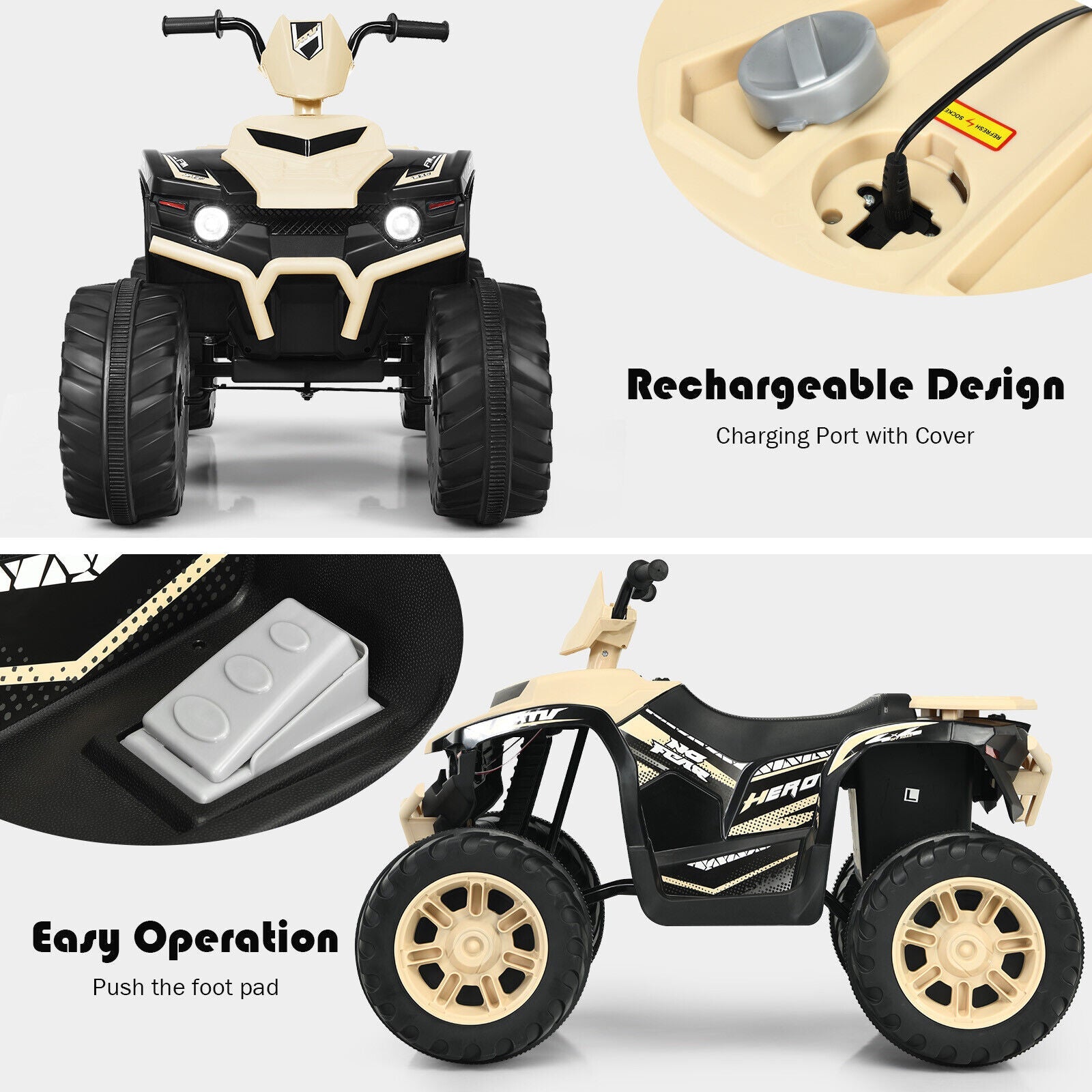 Costway 12V Kids ATV Quad Ride On Car with LED Light & Music - Yellow