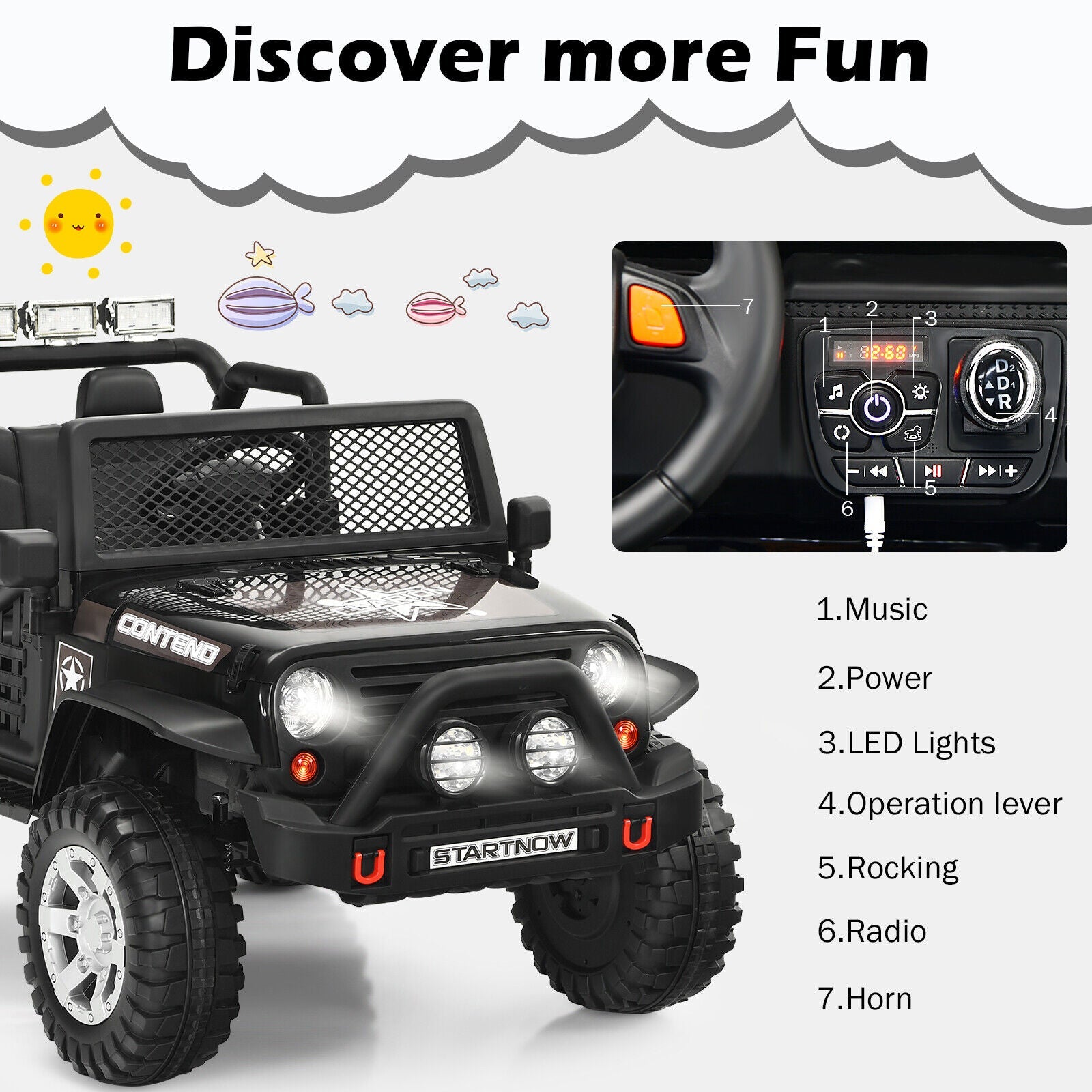 Costway 12V Kids Ride On Truck with Remote Control, Lights, and Music - Black