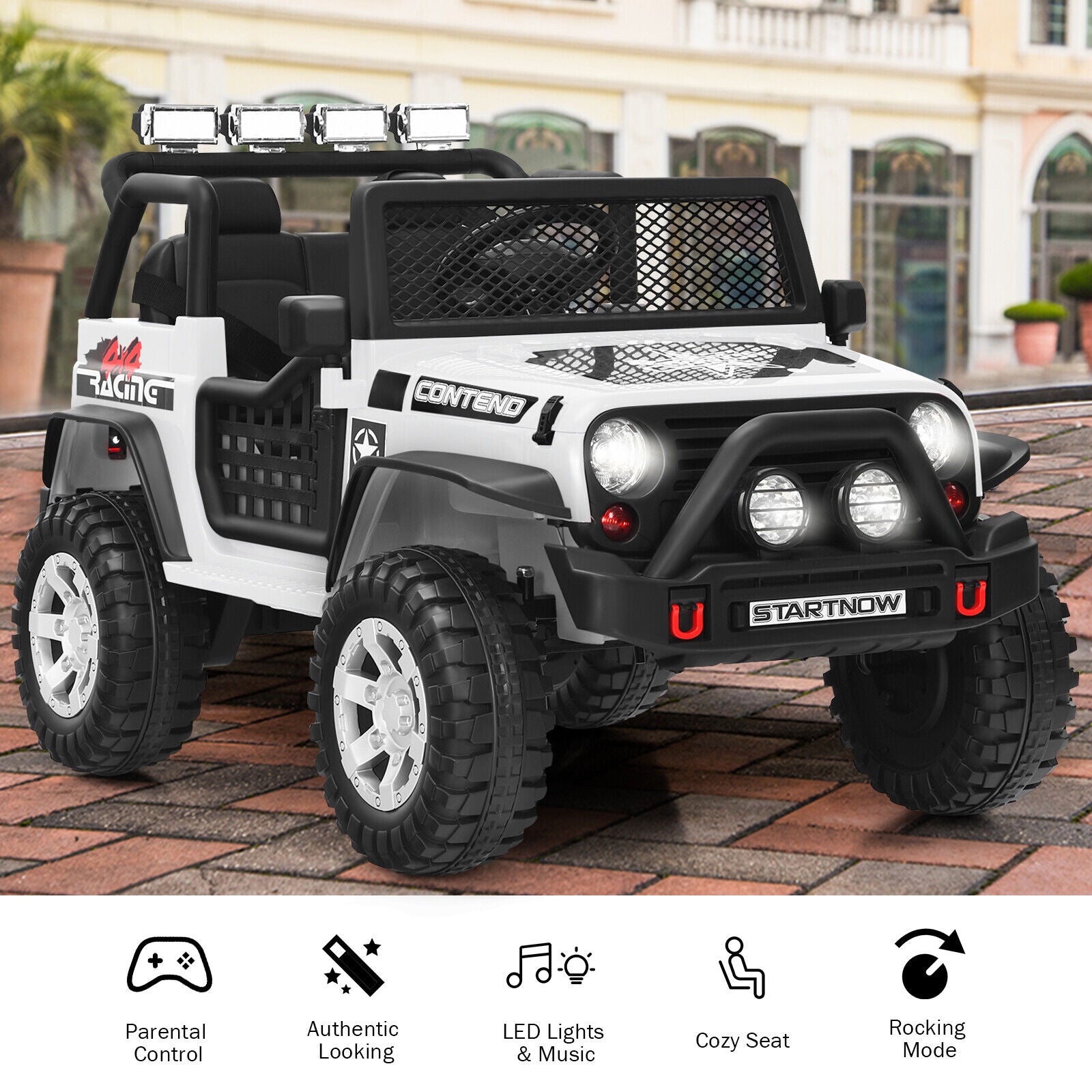 Costway 12V Kids Ride On Truck with Remote Control, Lights, and Music - White