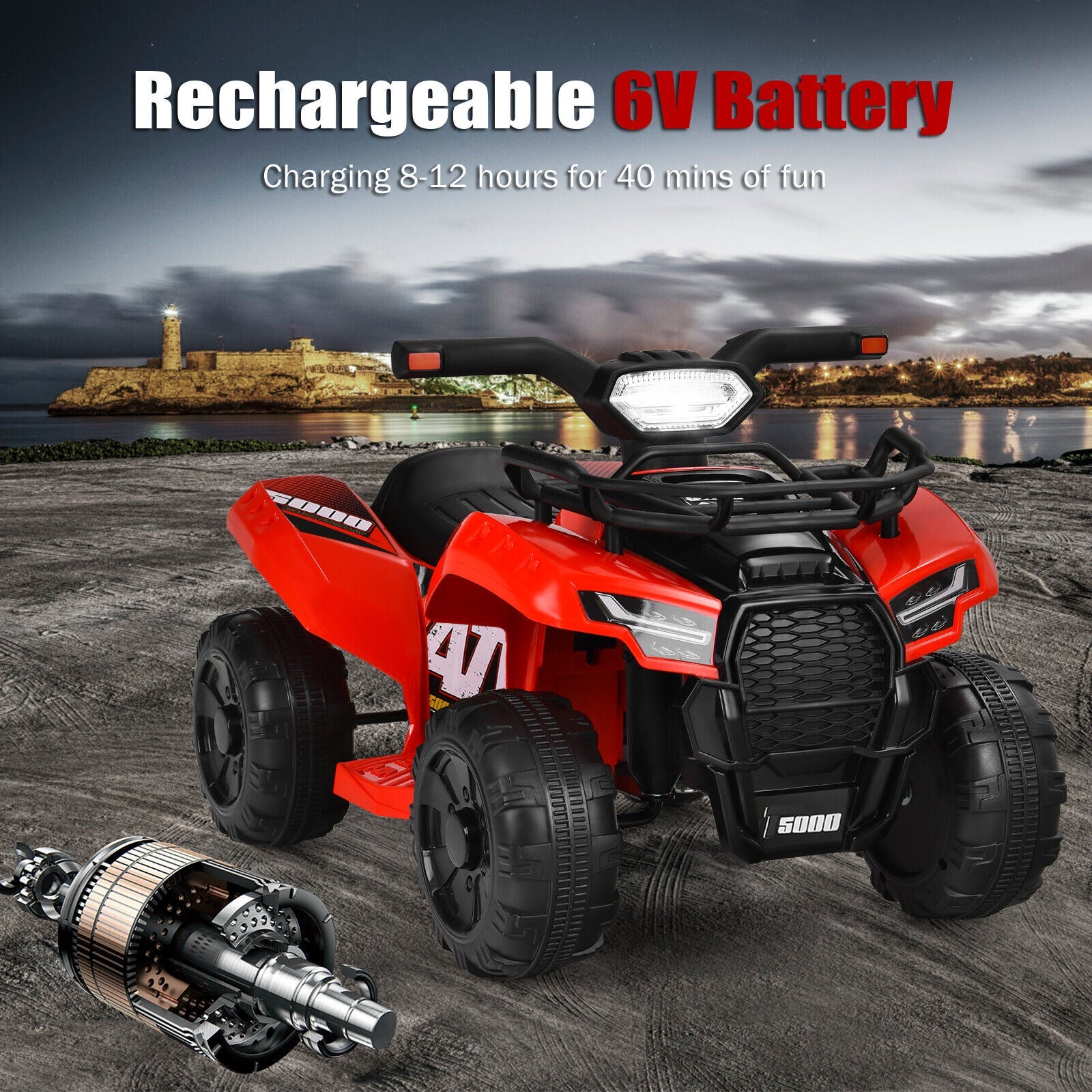 Costway 6V Kids ATV Quad Electric Ride On Car Toy with LED Light and MP3 Player in Red