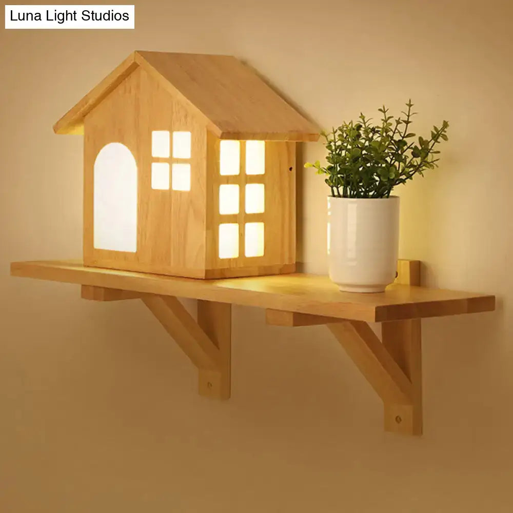Cottage wood house wall sconce with shelf bedroom light