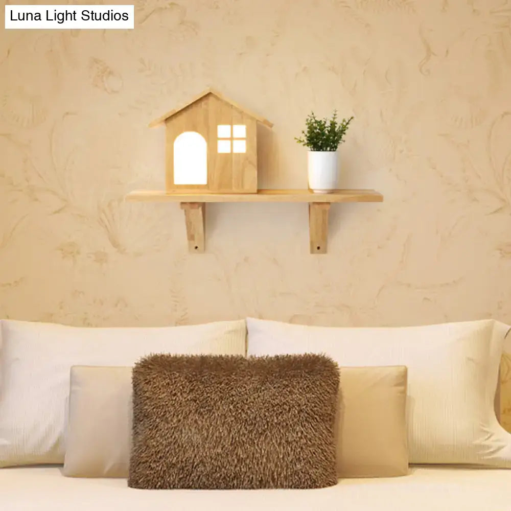 Cottage wood house wall sconce with shelf bedroom light