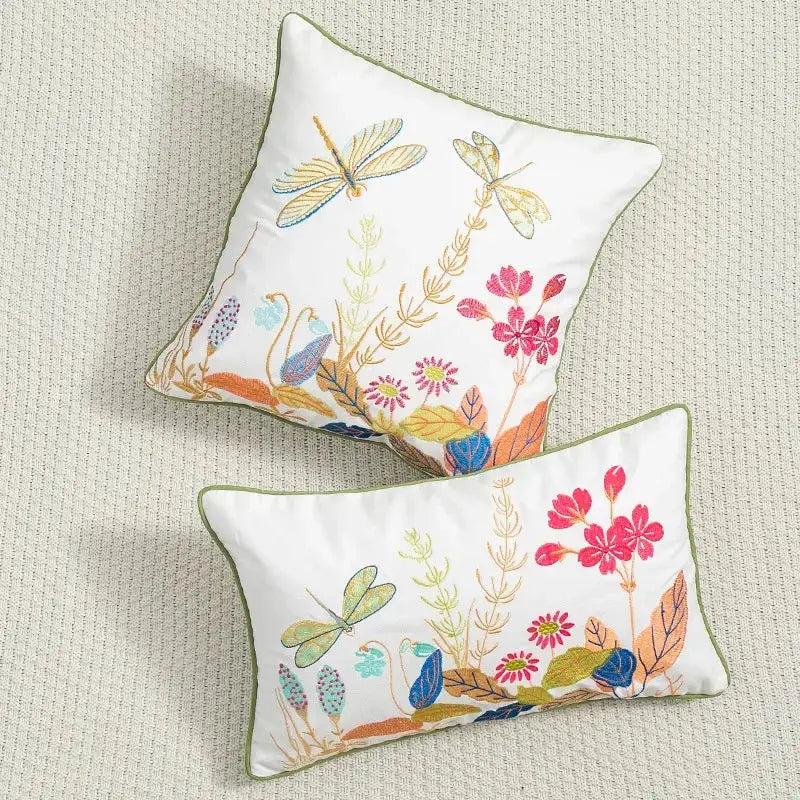 Country floral embroidered cushion cover living room dragonfly pillow