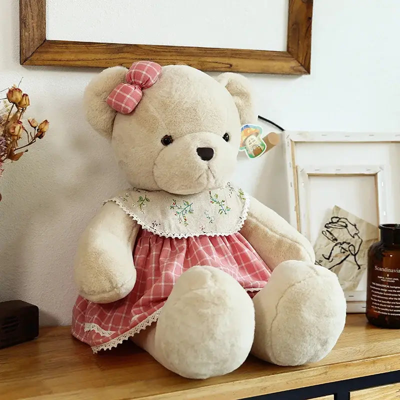 Cream plaid couple bear plush toy bedroom gift decor