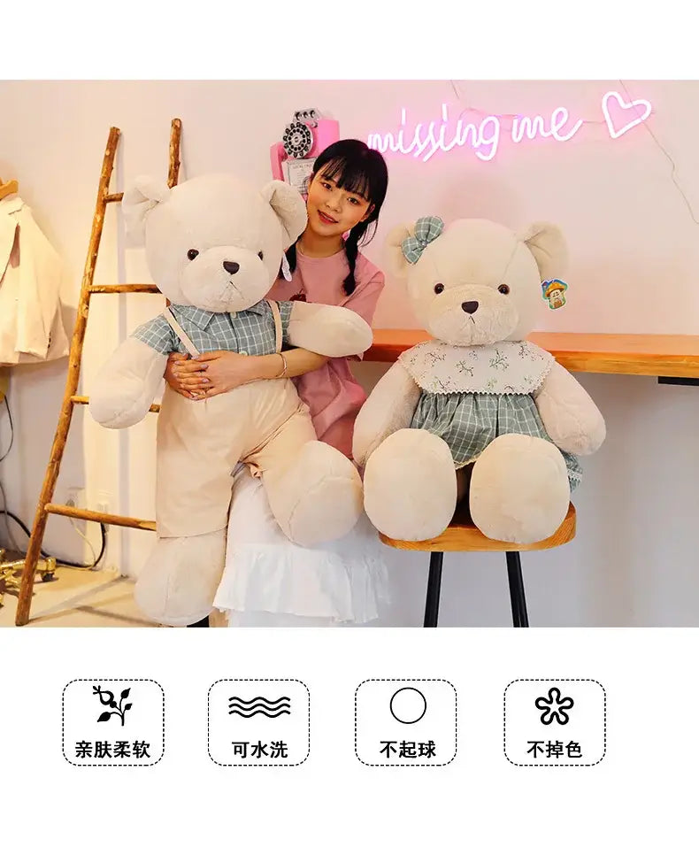 Cream plaid couple bear plush toy bedroom gift decor