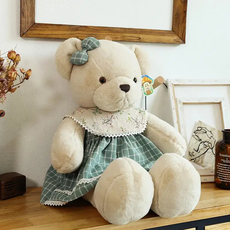 Cream plaid couple bear plush toy bedroom gift decor