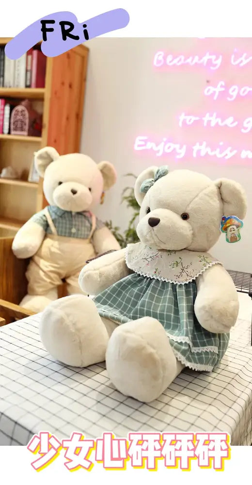 Cream plaid couple bear plush toy bedroom gift decor