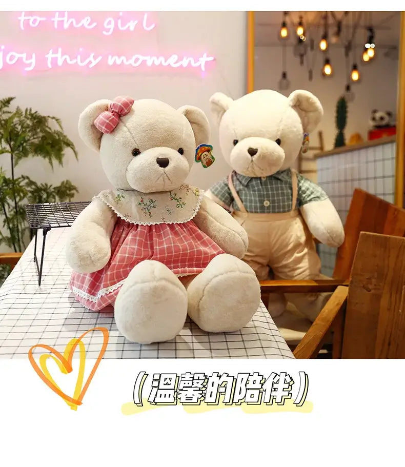 Cream plaid couple bear plush toy bedroom gift decor