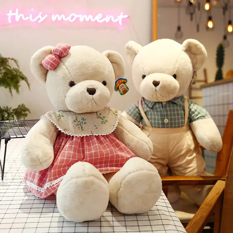 Cream plaid couple bear plush toy bedroom gift decor