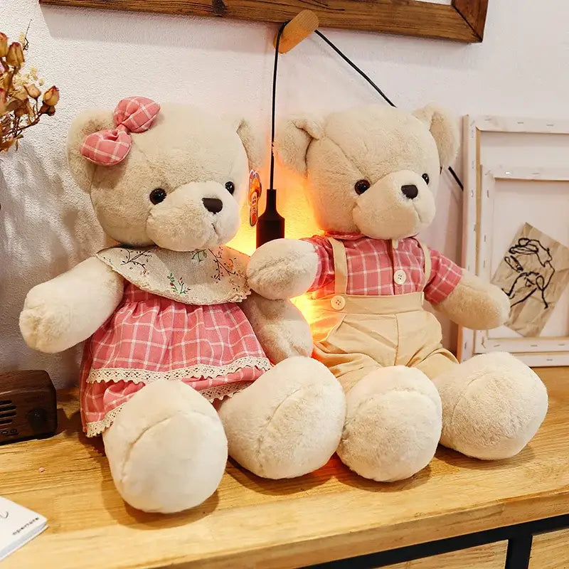 Cream plaid couple bear plush toy bedroom gift decor