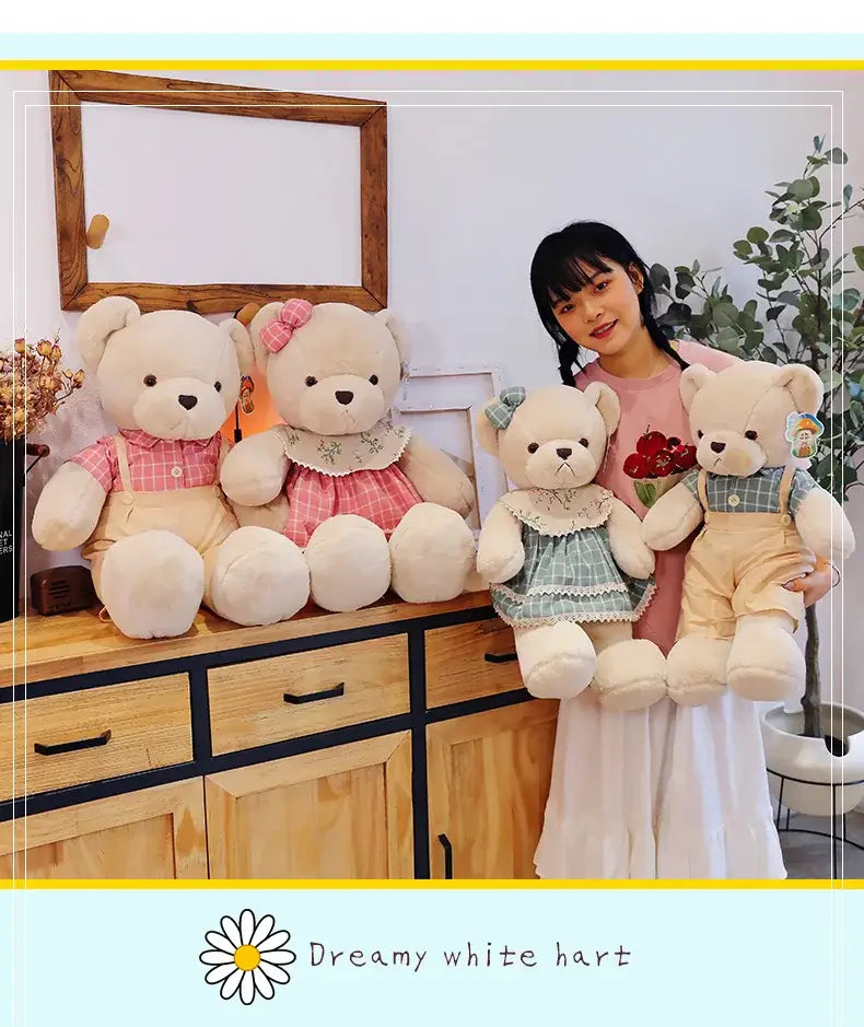 Cream plaid couple bear plush toy bedroom gift decor