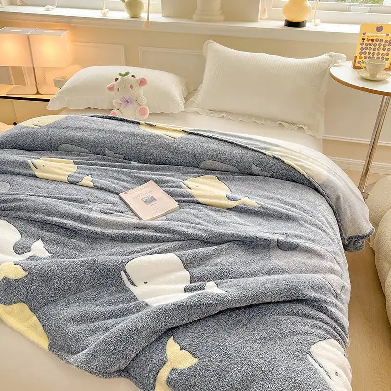 Cozy white fleece blanket with colorful flower patterns bedroom decor