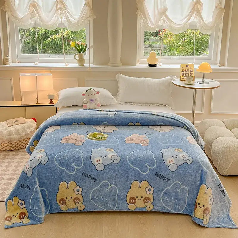 Cozy white fleece blanket with colorful flower patterns bedroom decor