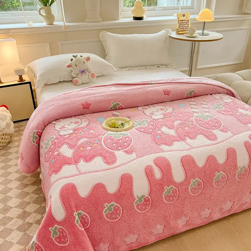 Cozy white fleece blanket with colorful flower patterns bedroom decor