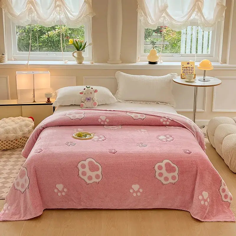 Cozy white fleece blanket with colorful flower patterns bedroom decor