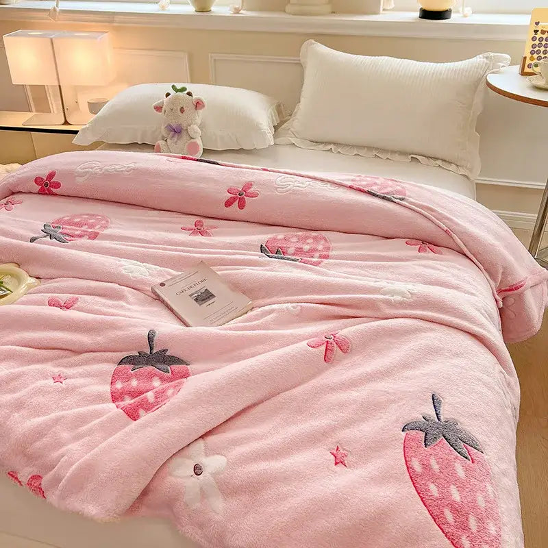Cozy white fleece blanket with colorful flower patterns bedroom decor