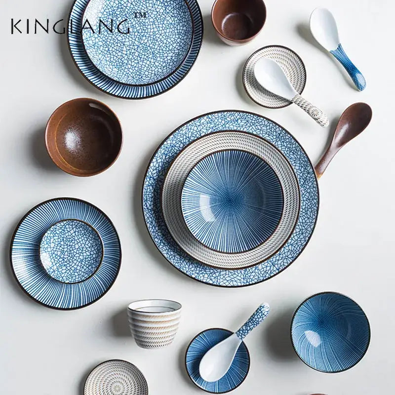 Crackle glaze blue ceramic dinner plate set dining room tableware