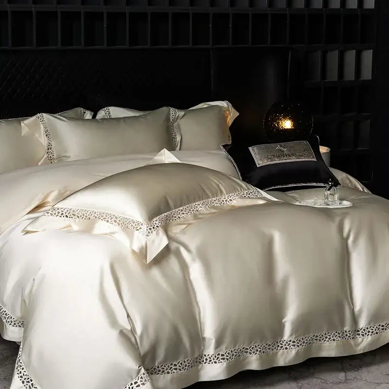 Cream and black egyptian cotton bedding set bedroom lace trim decor