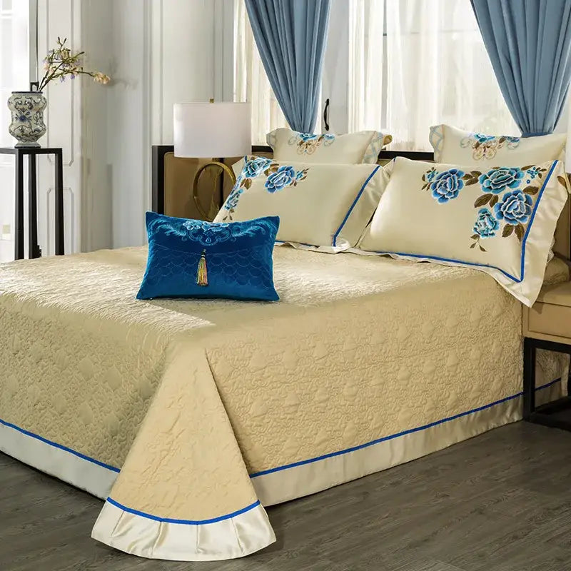 Cream and blue 200s embroidery egyptian cotton bedding set bedroom