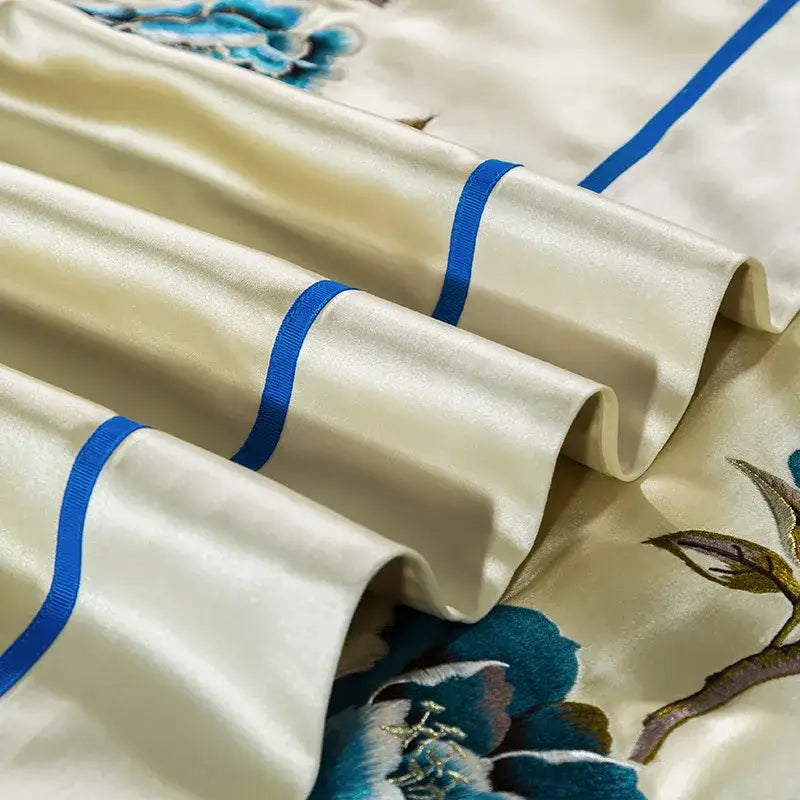 Cream and blue 200s embroidery egyptian cotton bedding set bedroom