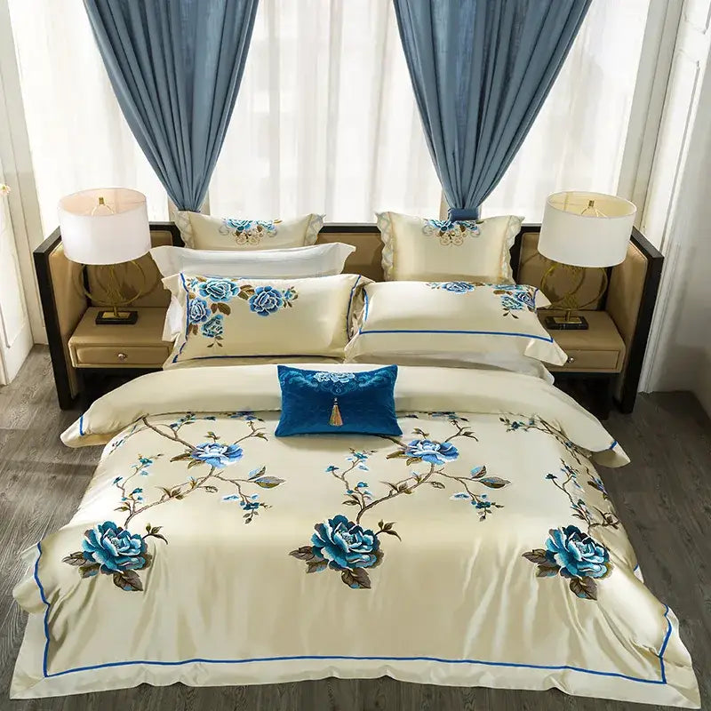 Cream and blue 200s embroidery egyptian cotton bedding set bedroom