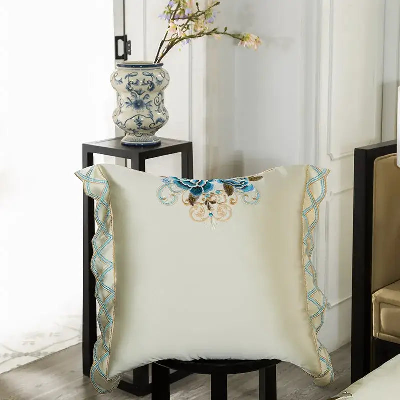 Cream and blue 200s embroidery egyptian cotton bedding set bedroom