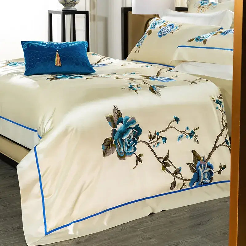 Cream and blue 200s embroidery egyptian cotton bedding set bedroom
