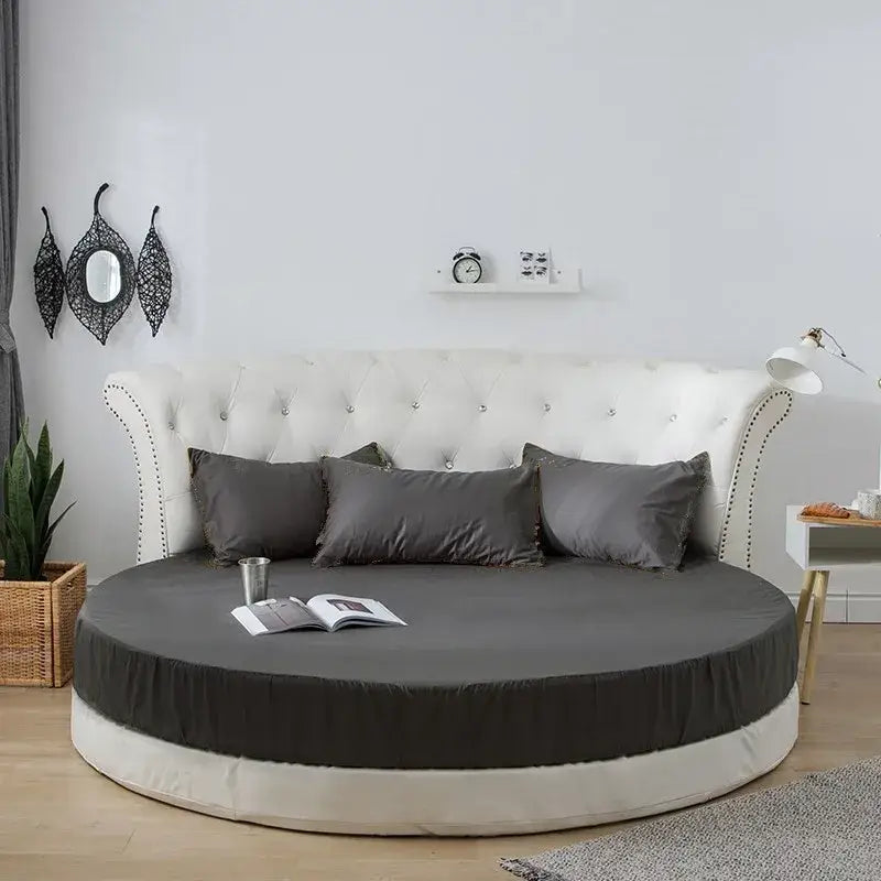 Cream and gray round fitted bed sheet set bedroom decor