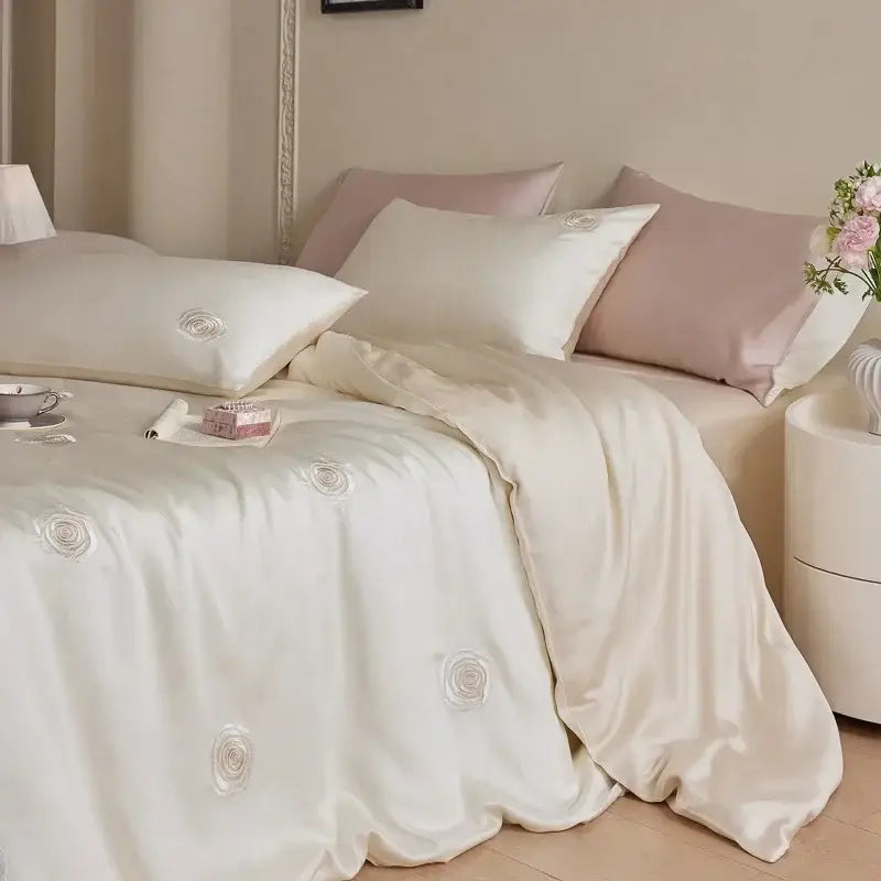 Cream and green cartoon embroidery comforter set bedroom bedding