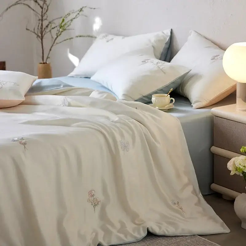 Cream and green cartoon embroidery comforter set bedroom bedding