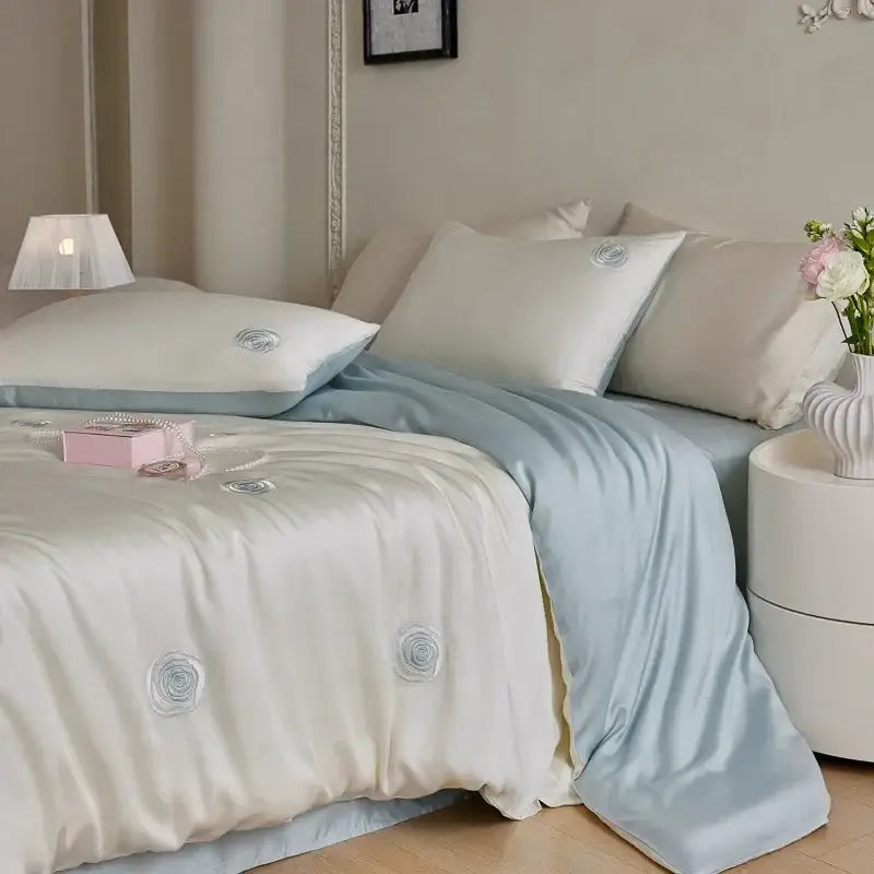 Cream and green cartoon embroidery comforter set bedroom bedding
