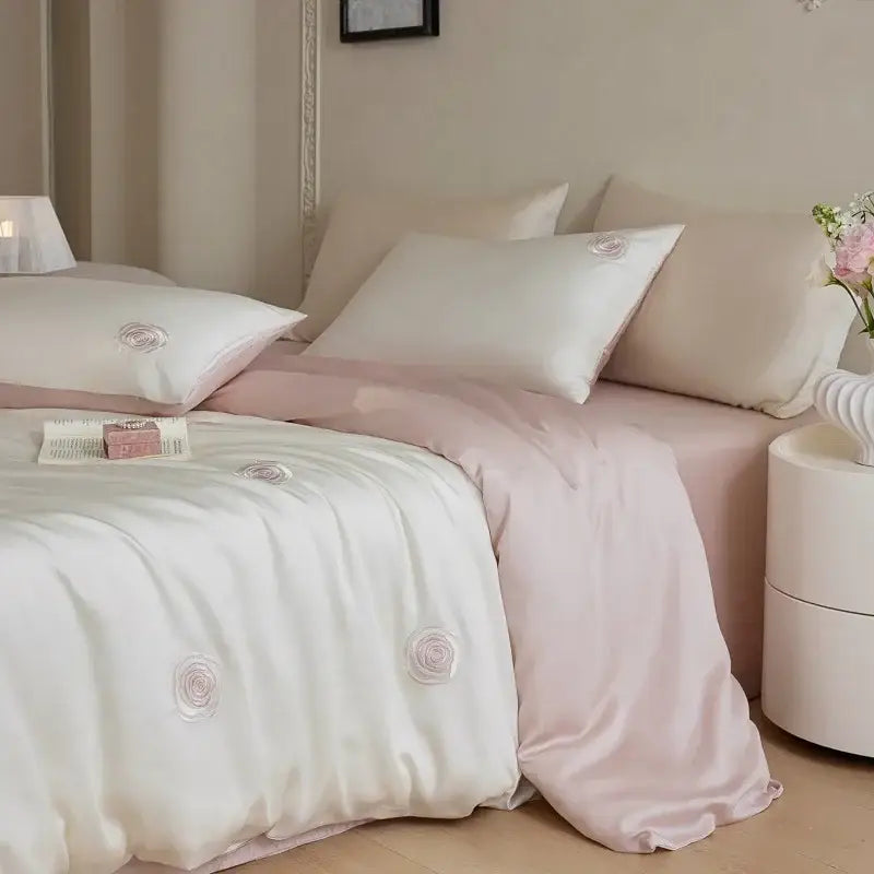 Cream and green cartoon embroidery comforter set bedroom bedding