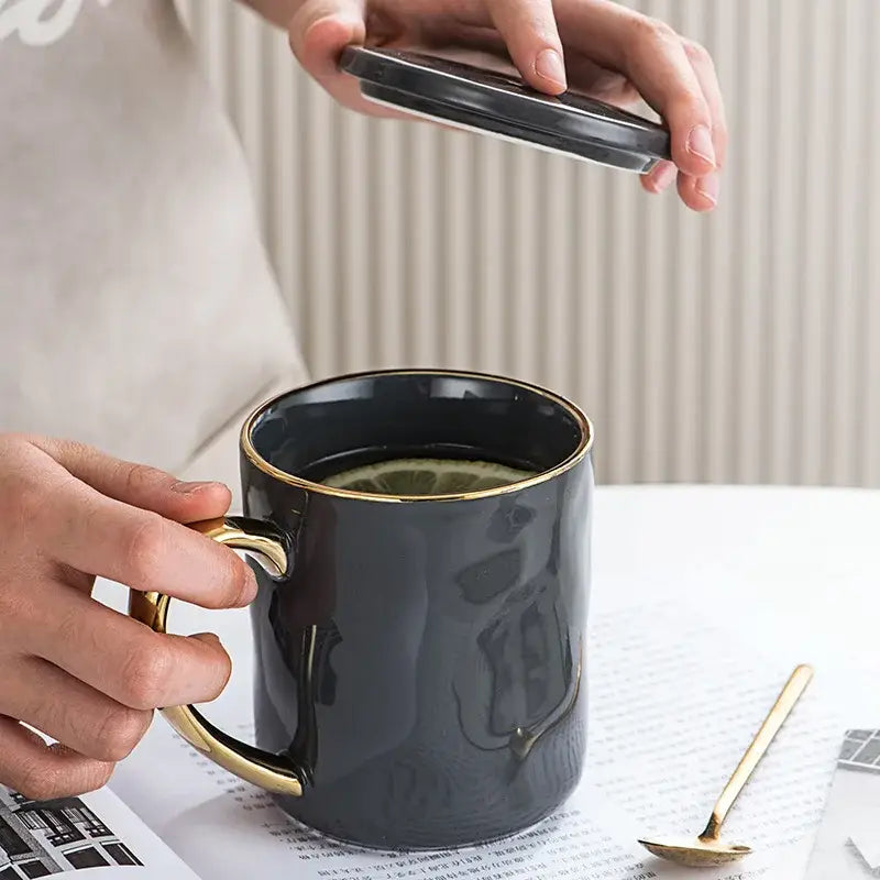 Cream and navy gold rim mug set kitchen ceramic coffee cups