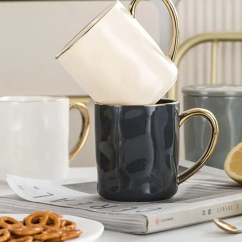 Cream and navy gold rim mug set kitchen ceramic coffee cups
