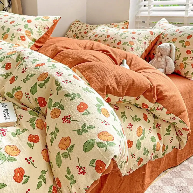 Cream bunny & pink rose cartoon pattern cotton bedding set bedroom