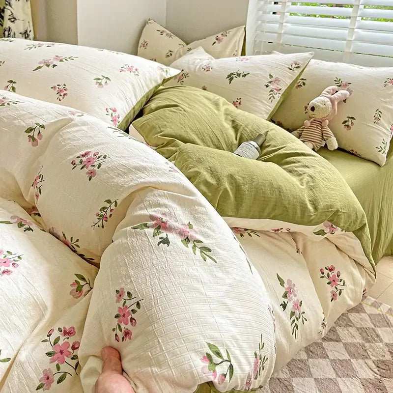 Cream bunny & pink rose cartoon pattern cotton bedding set bedroom