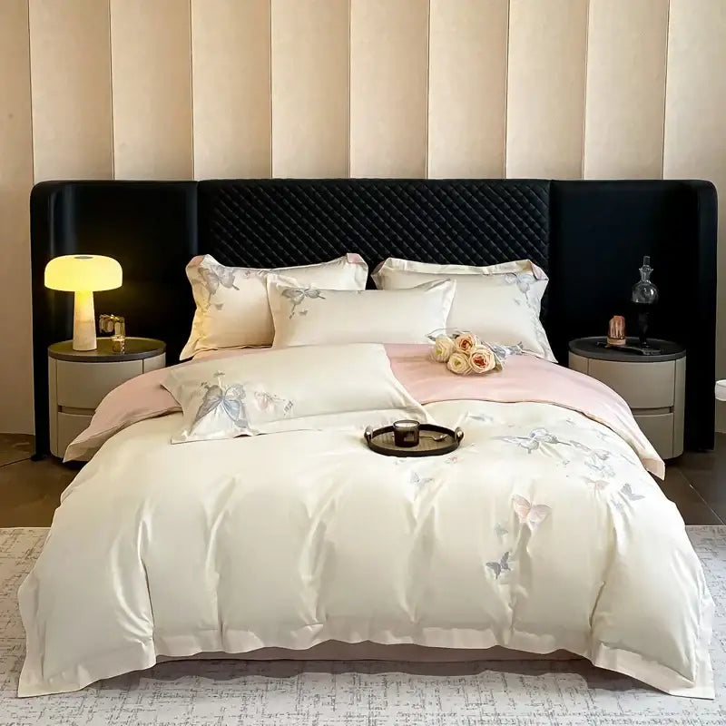 Cream butterfly embroidery 800tc egyptian cotton bedding set bedroom