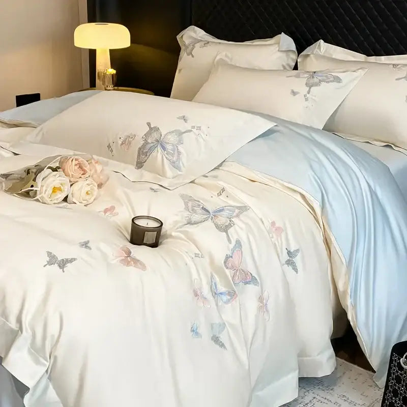 Cream butterfly embroidery 800tc egyptian cotton bedding set bedroom