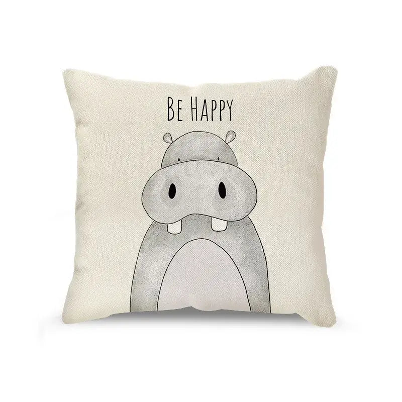 Cream cartoon animal linen pillowcase set for living room
