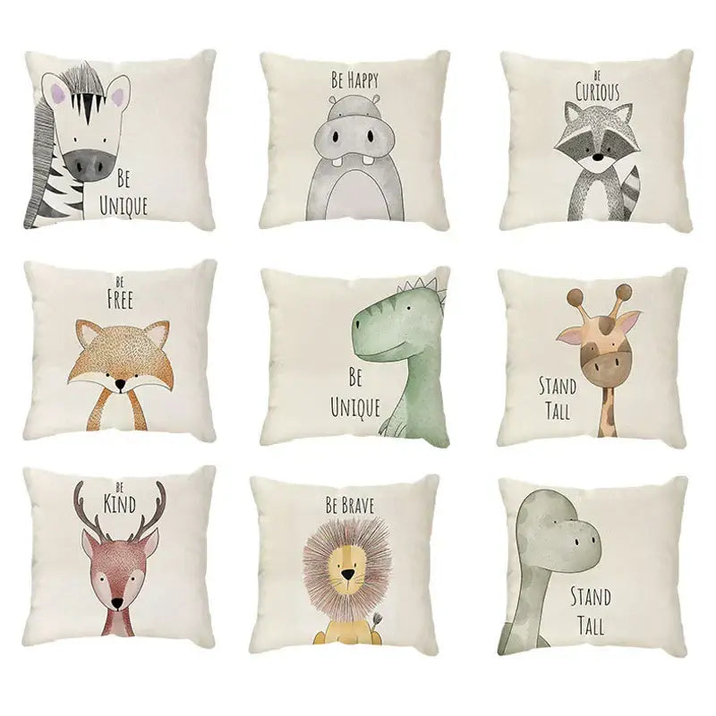 Cream cartoon animal linen pillowcase set for living room