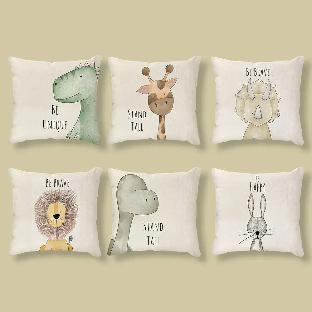 Cream cartoon animal linen pillowcase set for living room